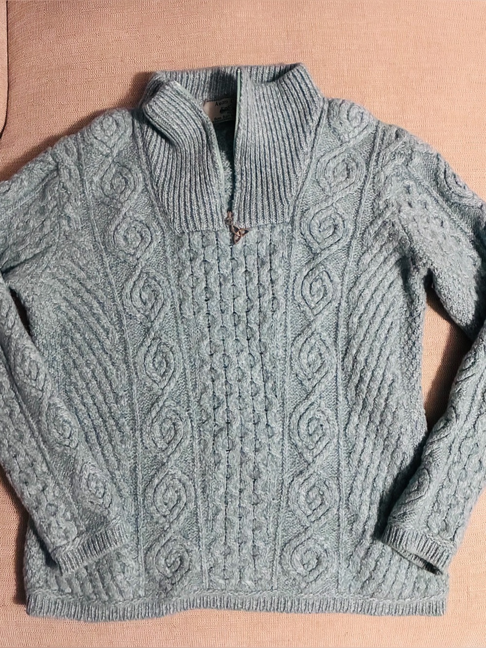 Aran Crafts Super Soft Merino Wool Half Zip Sweater sea green Large